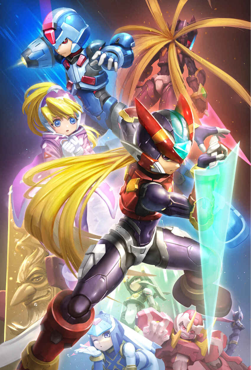 2girls, 6+boys, adapted_costume, android, arm_cannon, armor, bent_over, black_eyes