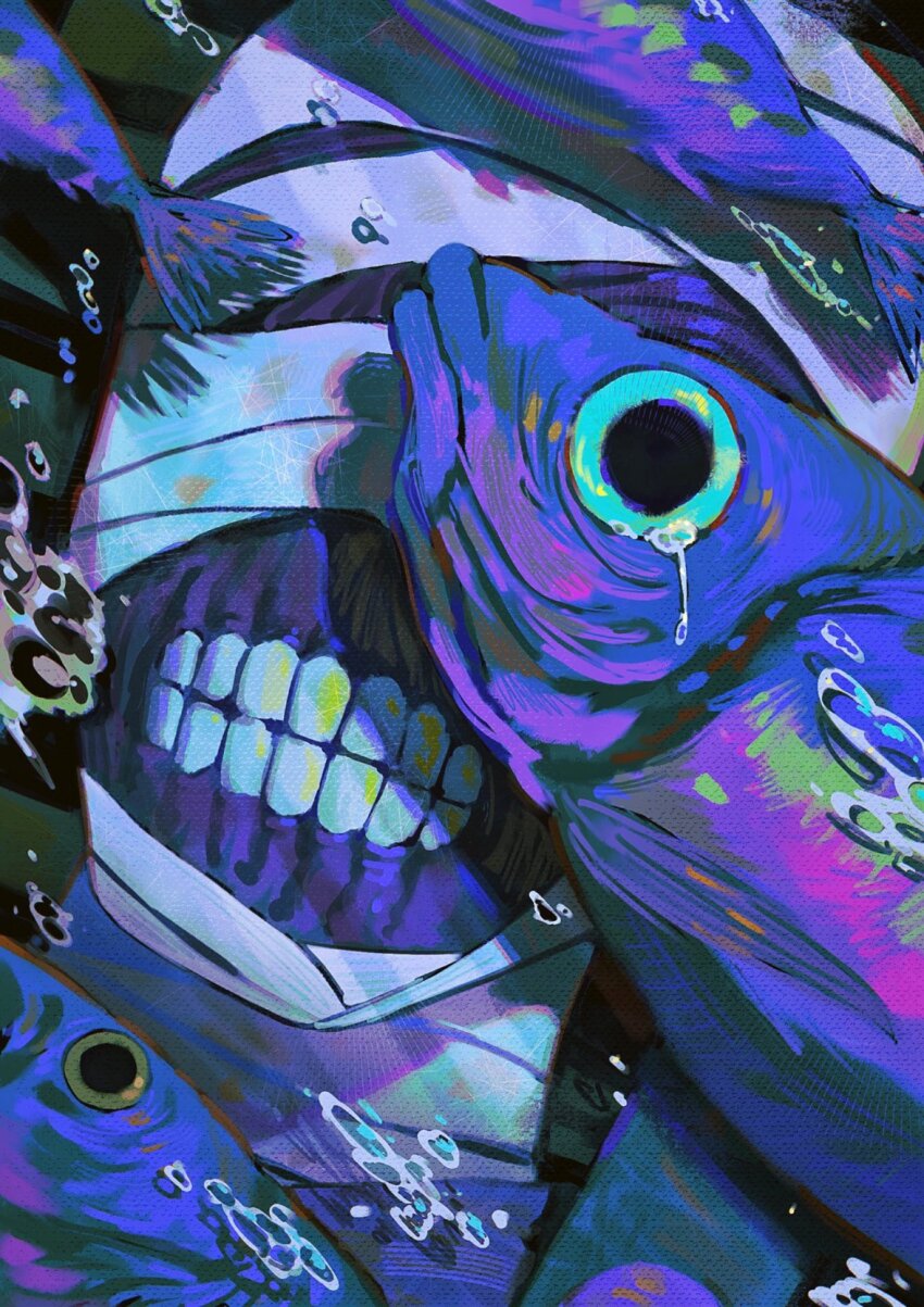 1boy, a-kai202, air_bubble, bandaged_head, bandaged_neck, bandages, bubble, clenched_teeth, curly_(mouthwashing), curly_(post-crash)_(mouthwashing), disfigured, exposed_muscle, fish, highres, how_fish_is_made, male_focus, mouthwashing, no_lips, no_skin, portrait, skinned, solo, tears, teeth