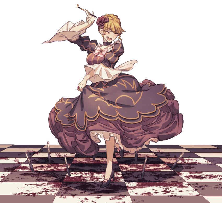 1girl, beatrice_(umineko), blonde_hair, blood, bow, breasts, checkered_floor, choker