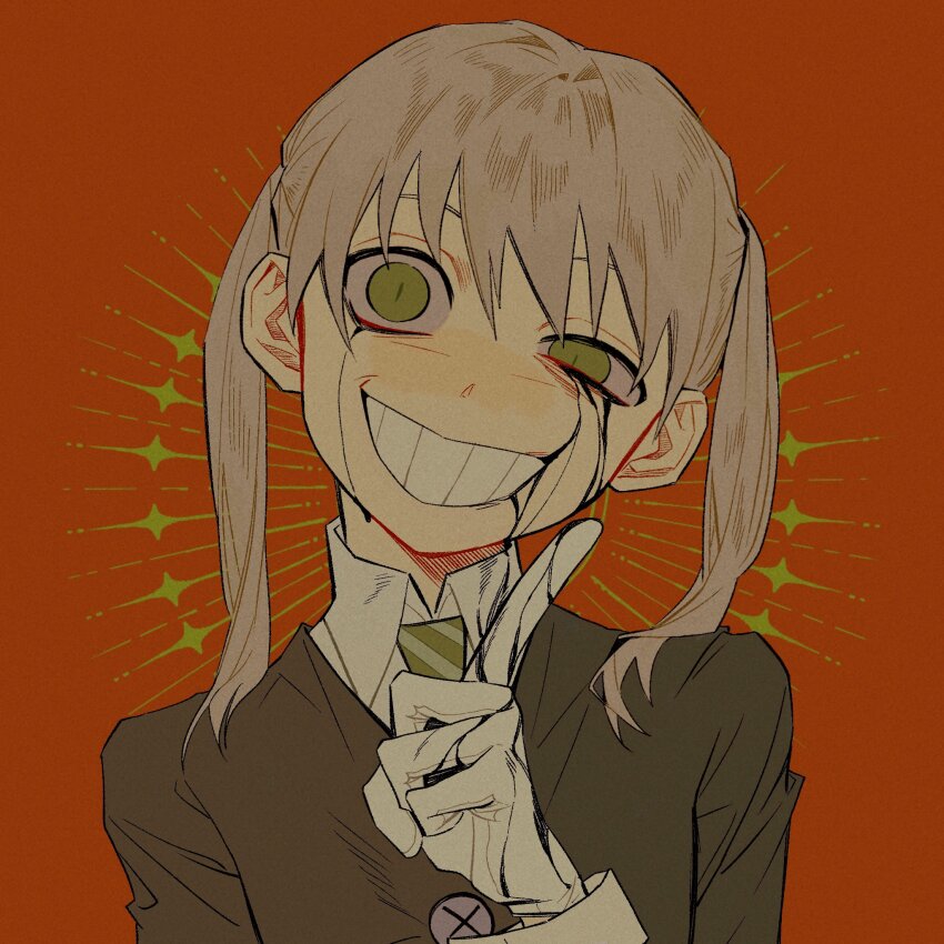 1girl, aynm010330, black_liquid, black_tears, blonde_hair, crazy_eyes, crazy_smile, cuff_links, gloves, green_eyes, green_necktie, grin, half-closed_eye, head_tilt, highres, index_finger_raised, maka_albarn, necktie, orange_background, slit_pupils, smile, solo, soul_eater, striped_clothes, striped_necktie, twintails, white_gloves