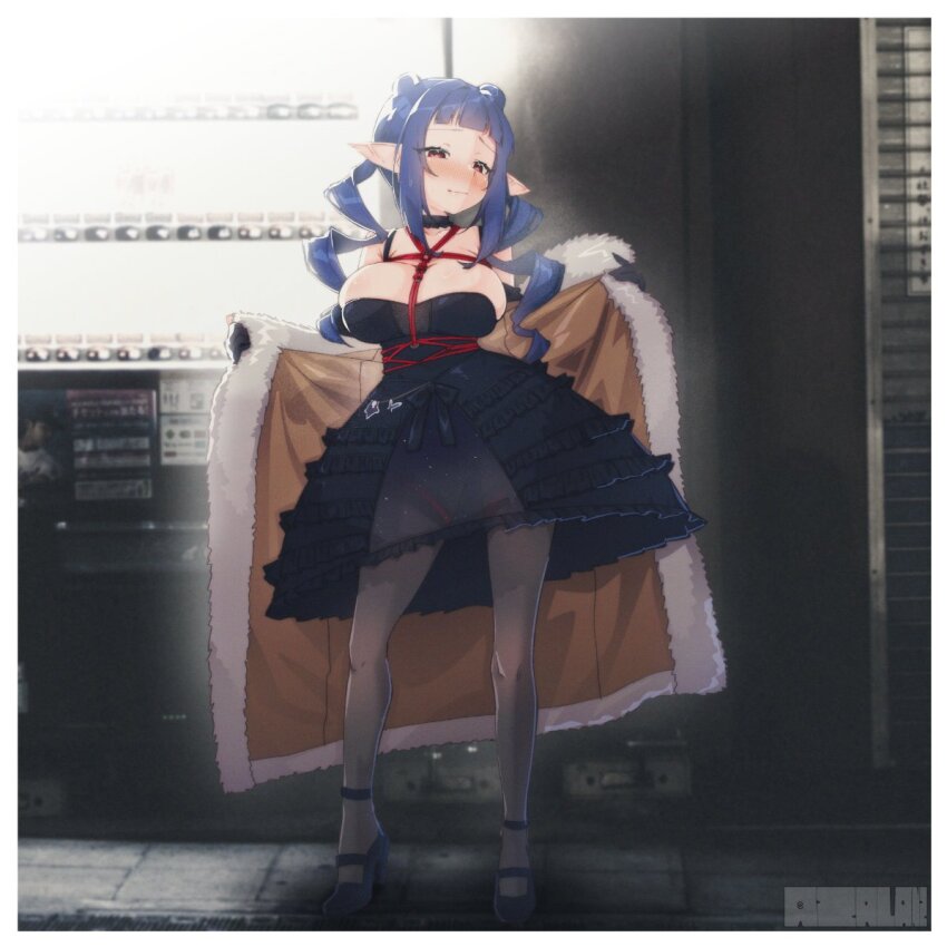 1girl, black_collar, black_dress, black_gloves, black_shoes, blue_hair, blush, breasts