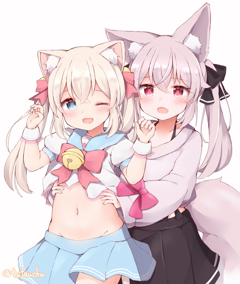 2girls, :d, ;d, animal_ear_fluff, animal_ears, arms_up, artist_name, bell