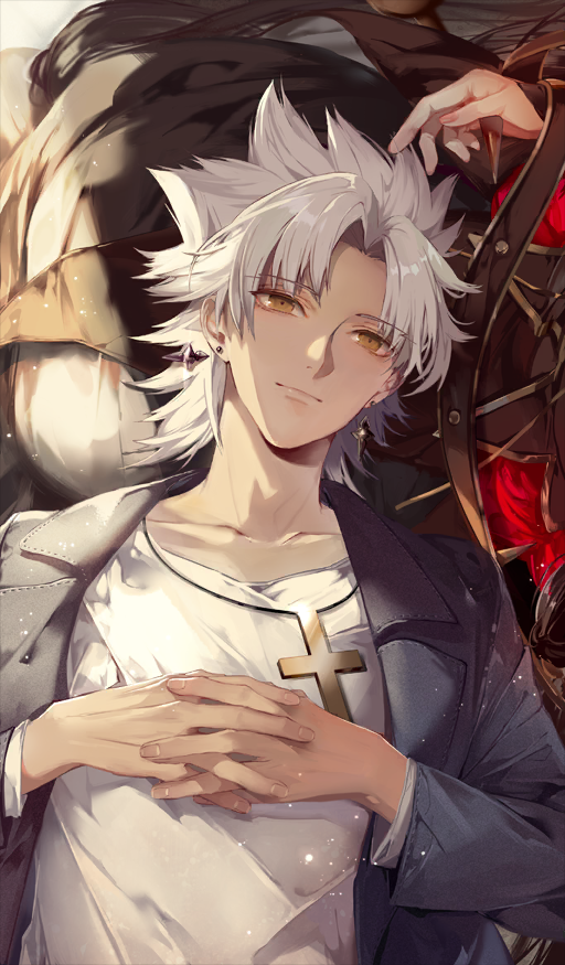 1boy, 1girl, amakusa_shirou_(fate), black_jacket, closed_mouth, collarbone, commentary, cross