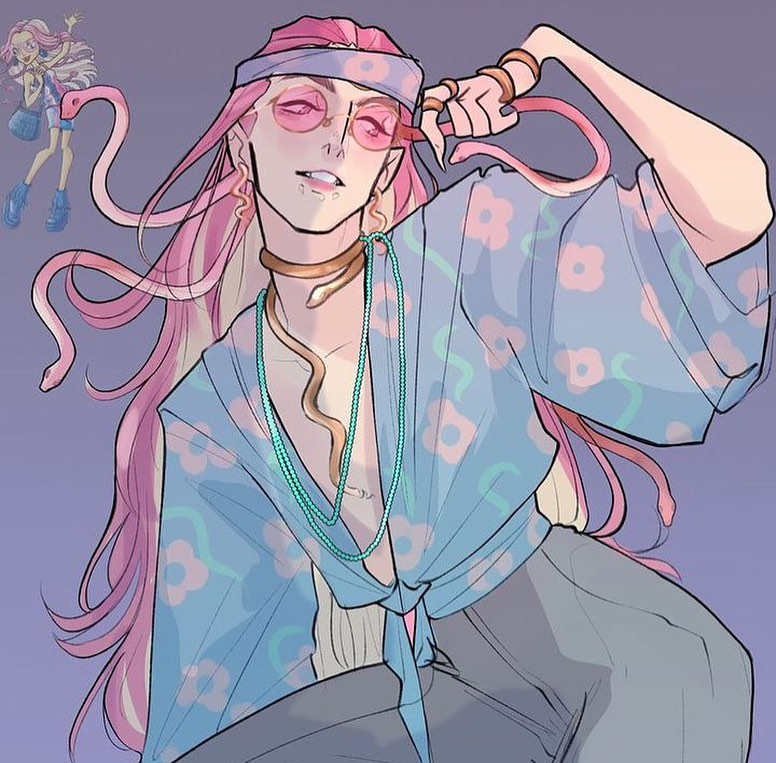 1boy, 8_jmal_8, genderswap, genderswap_(ftm), glasses, gold_snake, high-waist_pants, hippie