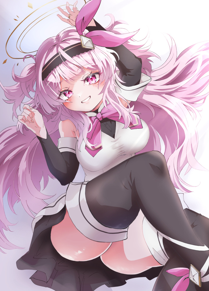 1girl, absurdres, arm_up, ass, bare_shoulders, black_hairband, black_headband, black_skirt