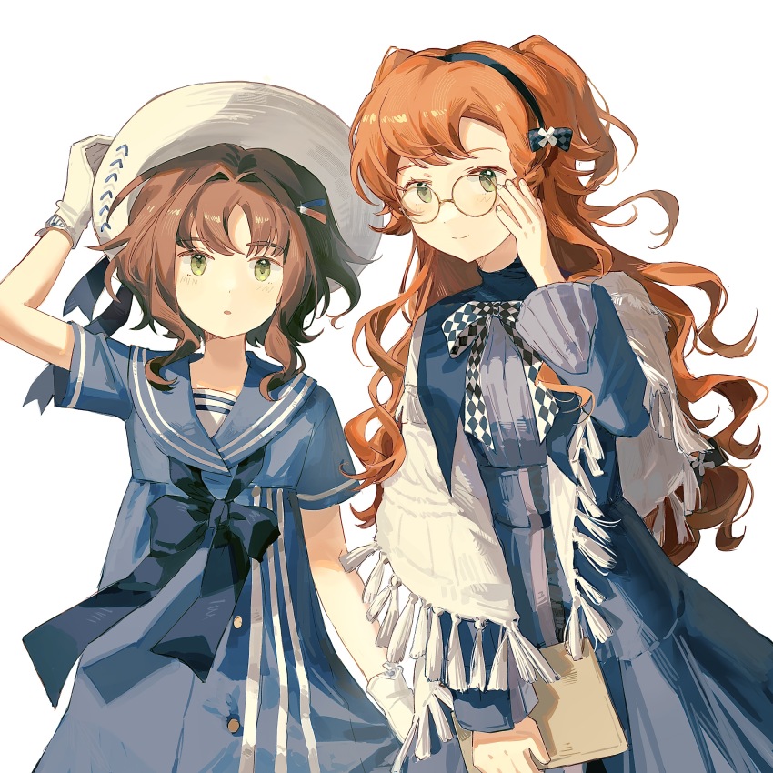 2girls, :o, absurdres, adjusting_clothes, adjusting_eyewear, adjusting_headwear, black_bow, black_hairband