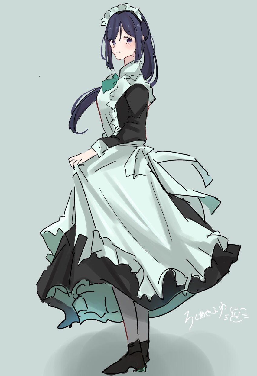 1girl, apron, apron_hold, artist_name, black_dress, black_shoes, blue_hair, closed_mouth