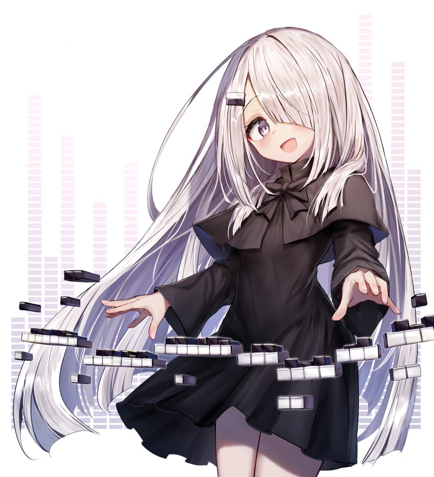 absurdres, beize_(garbage), black_capelet, black_dress, capelet, dress, hair_ornament, hairclip