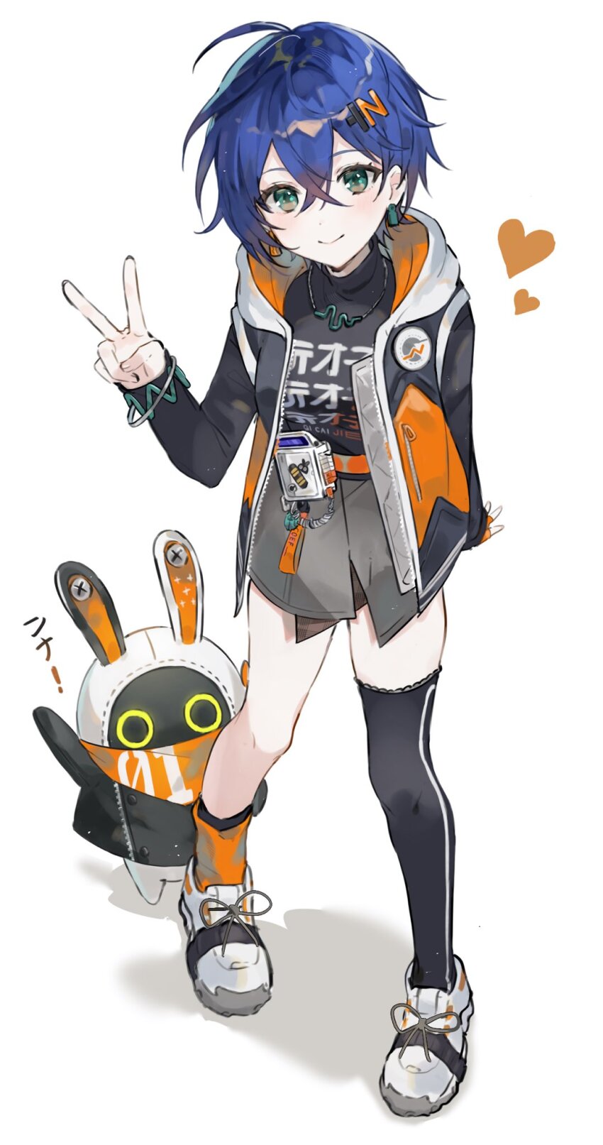 1girl, 1other, bandana, bandana_around_neck, bangboo_(zenless_zone_zero), belle_(zenless_zone_zero), black_jacket, black_shirt