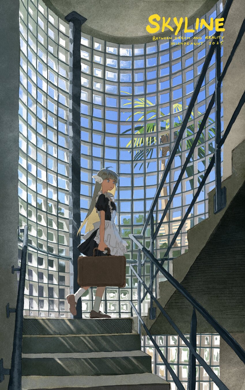 1girl, absurdres, ahoge, ankle_socks, apron, artist_name, blonde_hair, blue_eyes