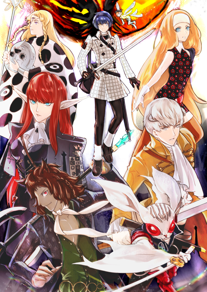 4boys, 4girls, animal_ears, armor, ascot, axe, basilio_(metaphor:_refantazio), black_armor