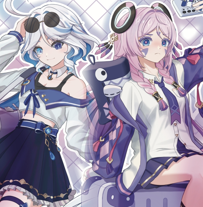 2girls, ahoge, alternate_costume, arm_up, blue_bow, blue_eyes, blue_gem, blue_hair