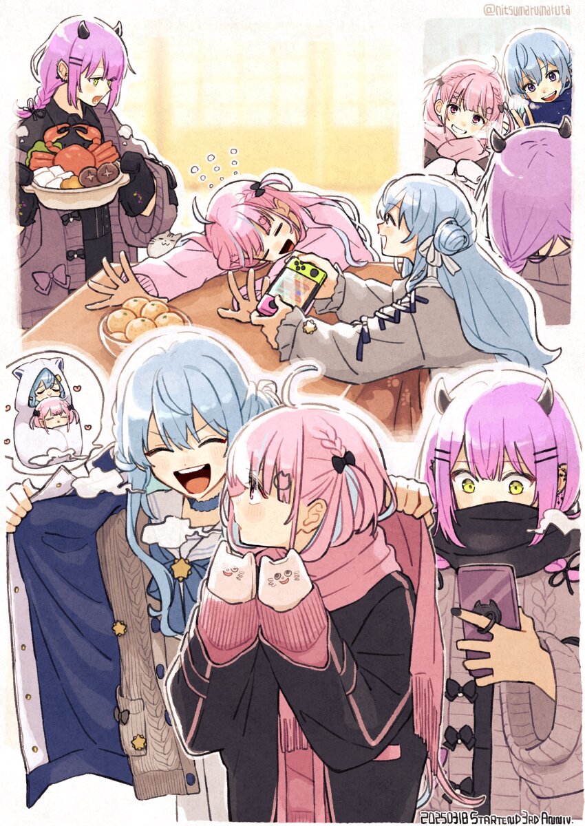 3girls, ^_^, absurdres, ahoge, black_gloves, black_nails, black_scarf, blue_hair