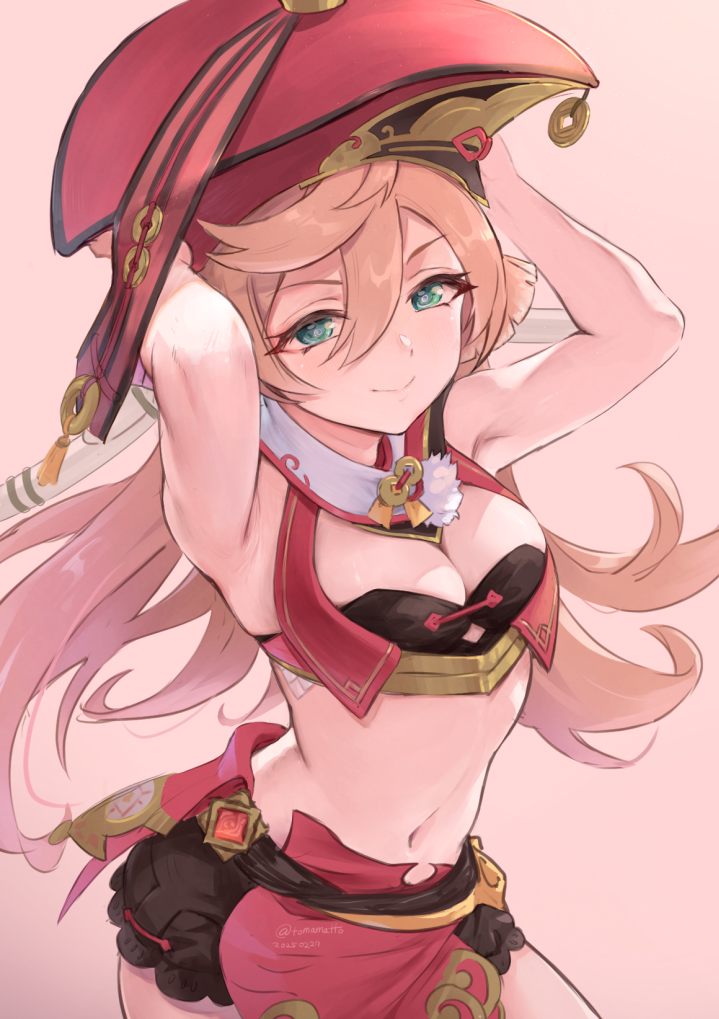 1girl, antlers, armpits, arms_up, blue_eyes, breasts, cleavage, commentary_request