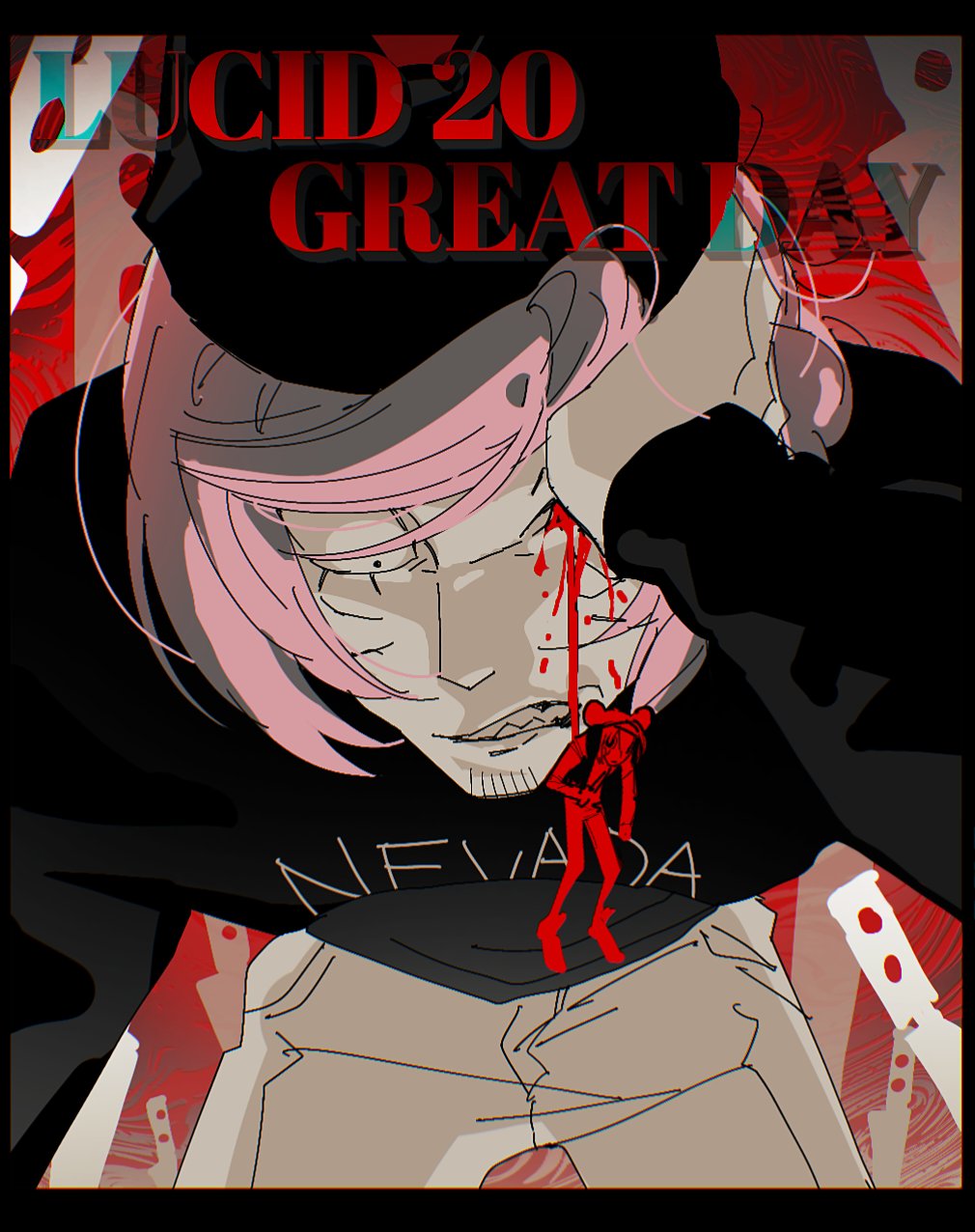 2boys, animal_hat, black_sweater, bleeding, blood, bloody_tears, cat_hat, clenched_teeth, english_text, facial_hair, facial_mark, fried_shrimp19, hand_over_eye, hat, highres, injury, knife, letterboxed, male_focus, multiple_boys, nyen_(randal's_friends), pink_hair, present_day_problem_takeuchi_robert, randal's_friends, red_background, sharp_teeth, short_hair, sitting, stubble, sweater, teeth, whisker_markings