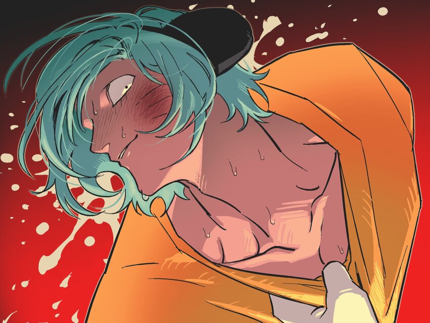 1boy, animal_ears, black_eyes, blue_hair, blush, clothes_grab, collar_grab, disembodied_hand, facial_mark, fake_animal_ears, fried_shrimp19, gradient_background, highres, looking_at_viewer, male_focus, neckwear_grab, nyon_(randal's_friends), randal's_friends, red_background, short_hair, solo, sweat, sweater, upper_body, whisker_markings, yellow_sweater