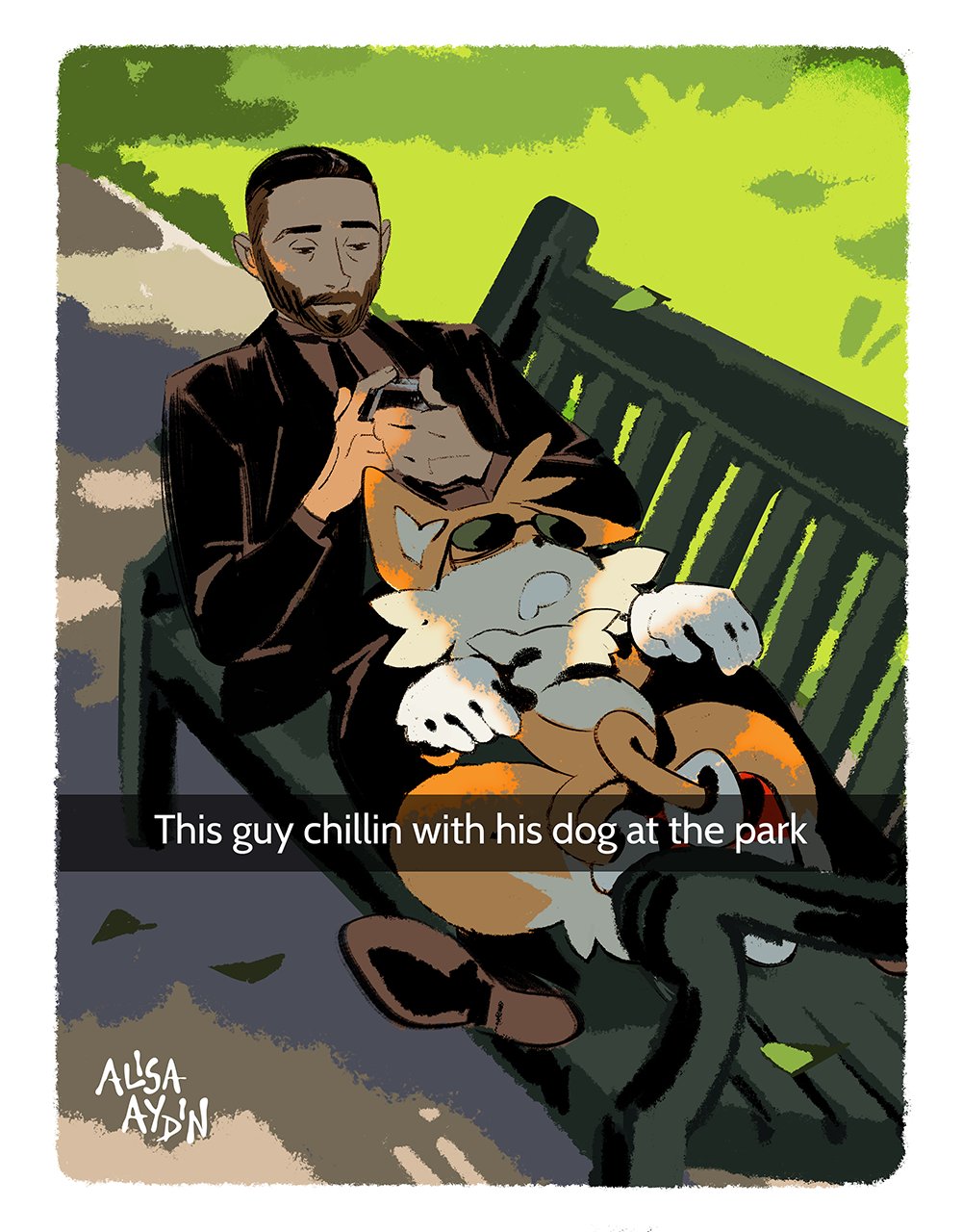 2boys, agent_stone, alisa_aydin, animal_ears, bench, cellphone, commentary, drooling