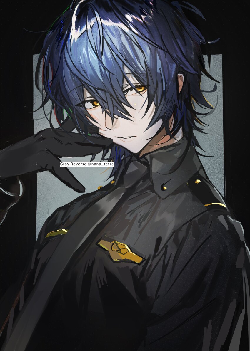 1boy, absurdres, black_border, black_gloves, black_necktie, black_shirt, blue_hair, border