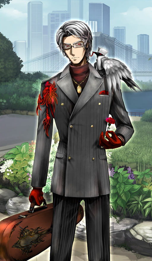 1boy, animal, animal_on_shoulder, antonio_salieri_(fate), antonio_salieri_(traveling_outfit)_(fate), arm_at_side, bag, bird