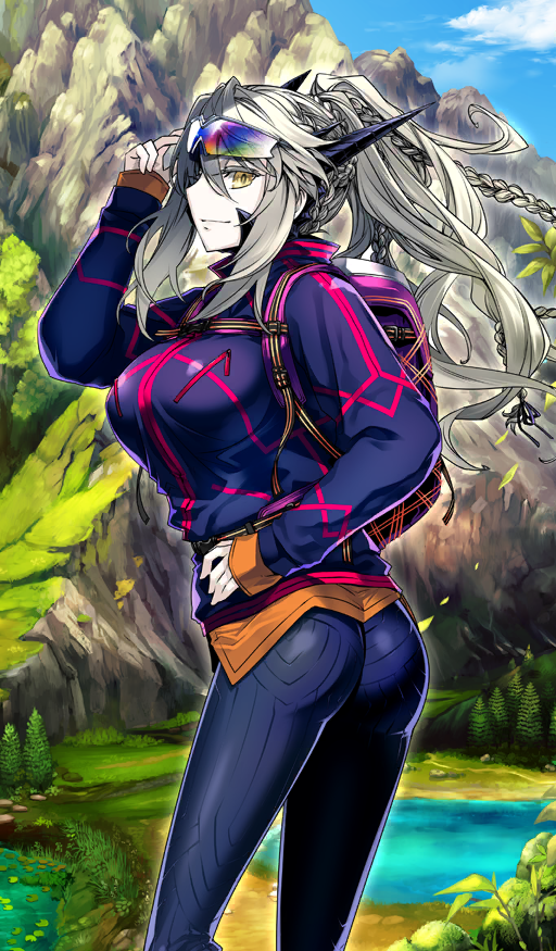 1girl, adjusting_eyewear, artoria_pendragon_(fate), artoria_pendragon_(lancer_alter)_(fate), artoria_pendragon_(lancer_alter)_(traveling_outfit)_(fate), ass, backpack, bag