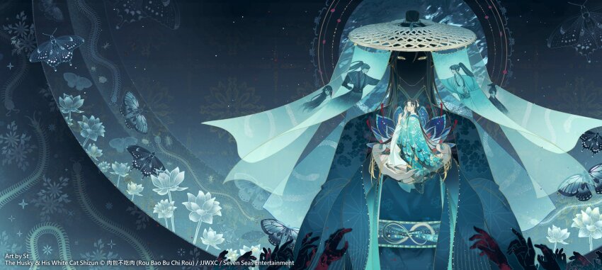 6+boys, black_hair, blindfold, blood, blood_on_hands, blue_hanfu, blue_nails, bug