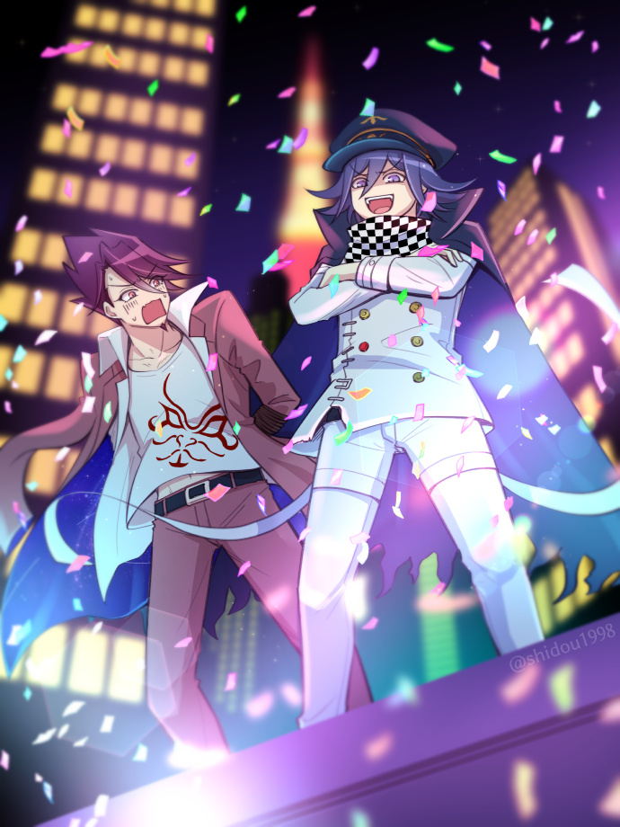 2boys, belt, black_cape, black_hat, bound, bound_arms, building, buttons, cape, checkered_clothes, checkered_scarf, collarbone, commentary_request, confetti, crossed_arms, danganronpa_(series), danganronpa_v3:_killing_harmony, facial_hair, flipped_hair, from_below, goatee, hair_between_eyes, hat, hostage, jacket, jacket_partially_removed, long_sleeves, male_focus, momota_kaito, multicolored_buttons, multiple_boys, night, oma_kokichi, open_mouth, outdoors, pants, partial_commentary, peaked_cap, purple_eyes, purple_hair, scarf, shidou1998, shirt, short_hair, sky, skyscraper, smug, space_print, spiked_hair, standing, starry_sky_print, surprised, thigh_strap, twitter_username, two-tone_scarf, white_pants
