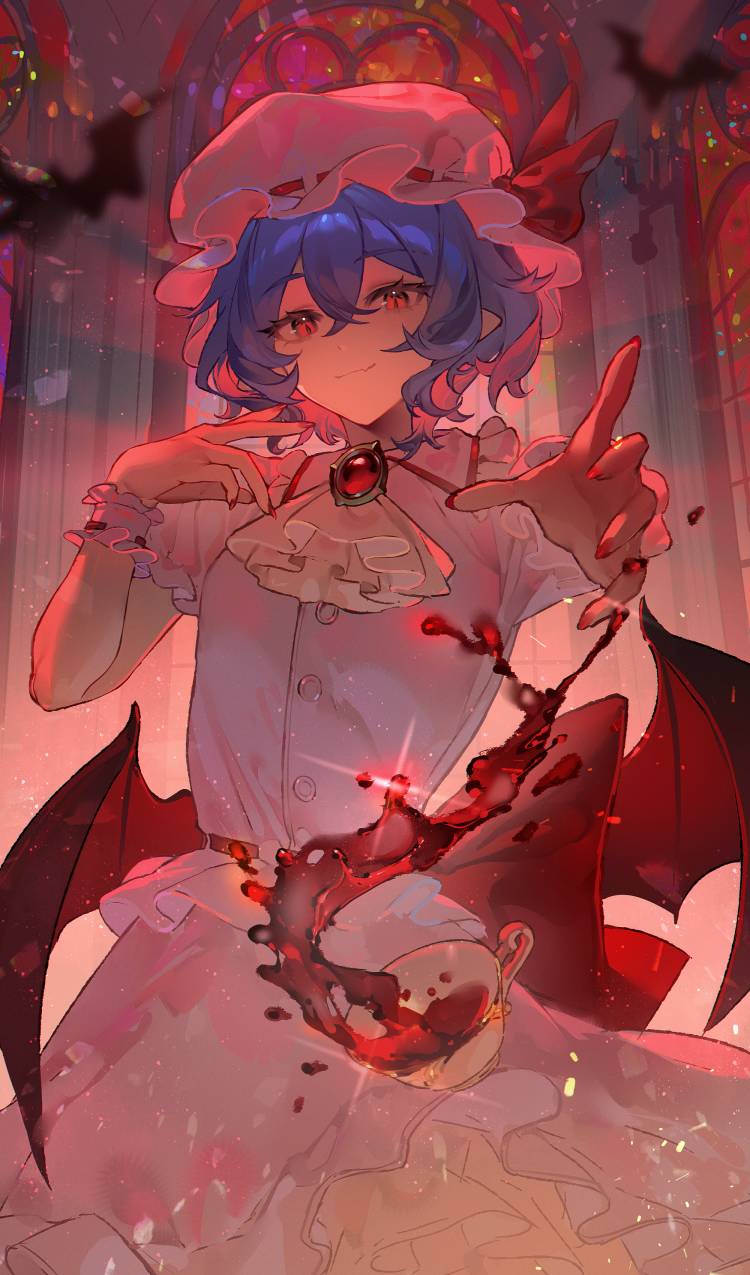 1girl, ascot, bat_wings, blue_hair, brooch, closed_mouth, collared_shirt, cup