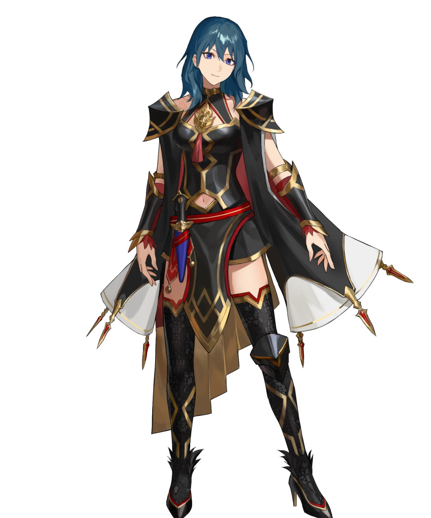 1girl, black_cape, black_hair, black_thighhighs, breasts, brooch, female_byleth_(fire_emblem), female_byleth_(resplendent)_(fire_emblem)