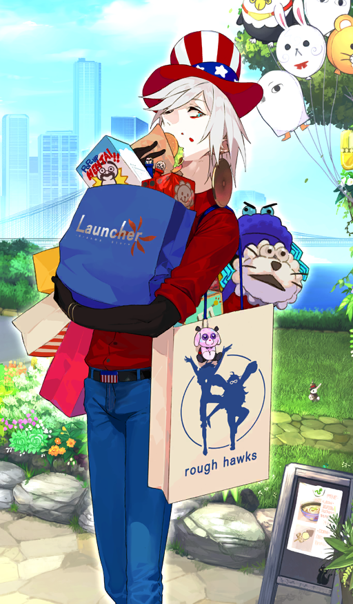 1boy, american_flag, american_flag_hat, american_flag_print, aqua_eyes, asymmetrical_hair, bag, balloon