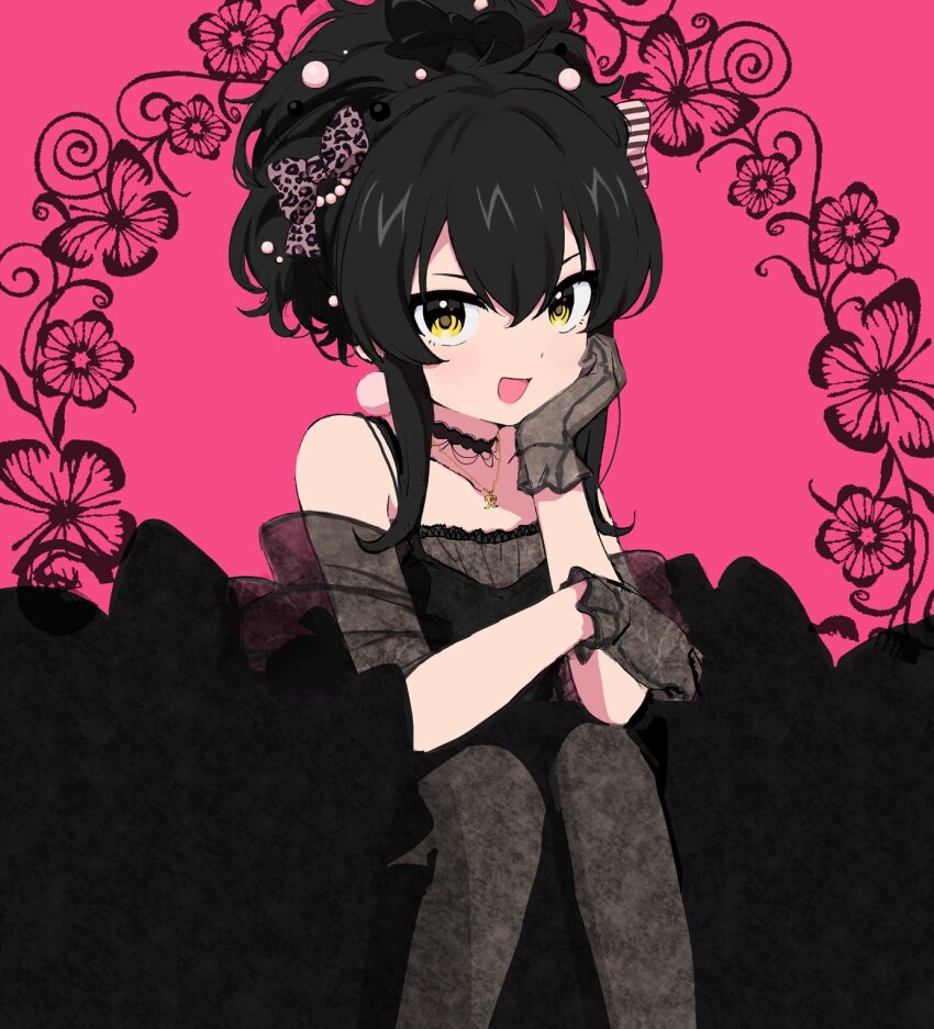 1girl, bare_shoulders, black_dress, black_hair, bow, choker, dress, flat_chest, gloves, hair_bow, hair_up, hamayakikaijo, highres, idolmaster, idolmaster_cinderella_girls, jewelry, lace, lace_gloves, lace_pantyhose, looking_at_viewer, matoba_risa, necklace, pantyhose, smile, solo, yellow_eyes