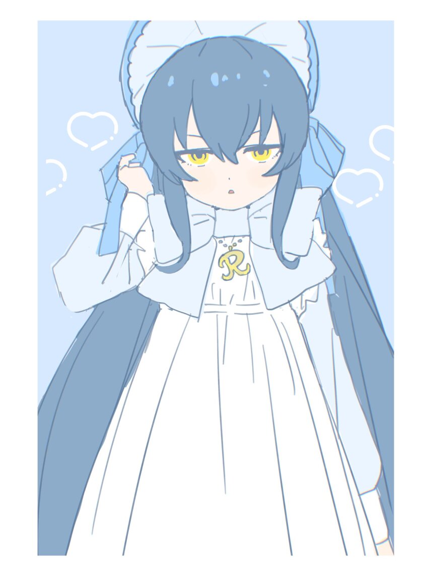 1girl, black_hair, bonnet, bow, dress, expressionless, hamayakikaijo, heart