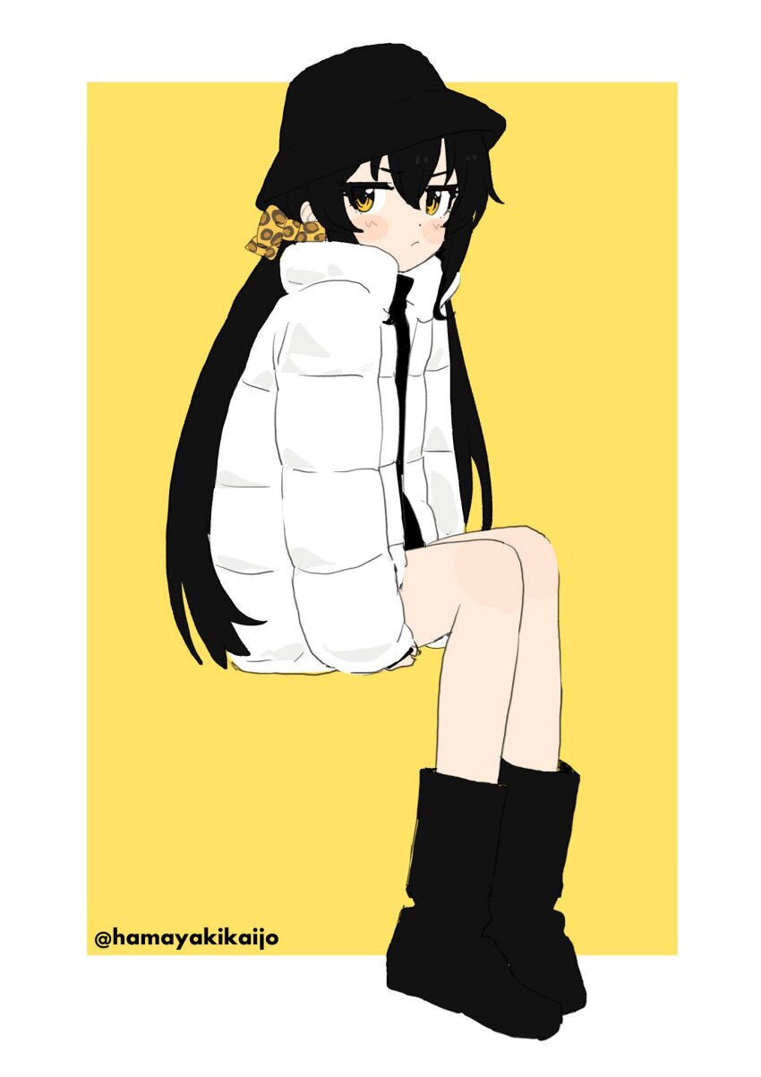 1girl, :/, black_hair, boots, full_body, hamayakikaijo, hat, highres