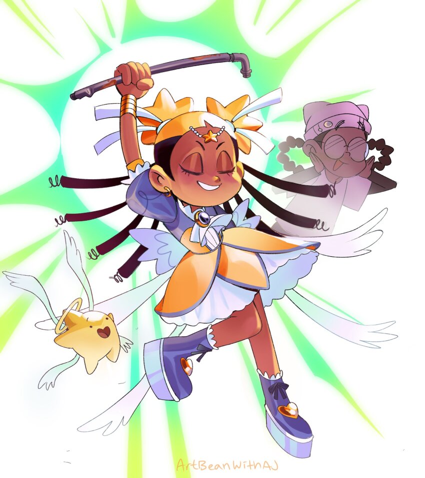 afro_puffs, aika_(kiana_mai), artbeanwithaj1, dark_skin, dreadlocks, highres, holding, holding_lead_pipe