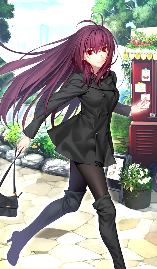 1girl, antenna_hair, bag, black_bag, black_boots, black_coat, black_pantyhose, black_theme