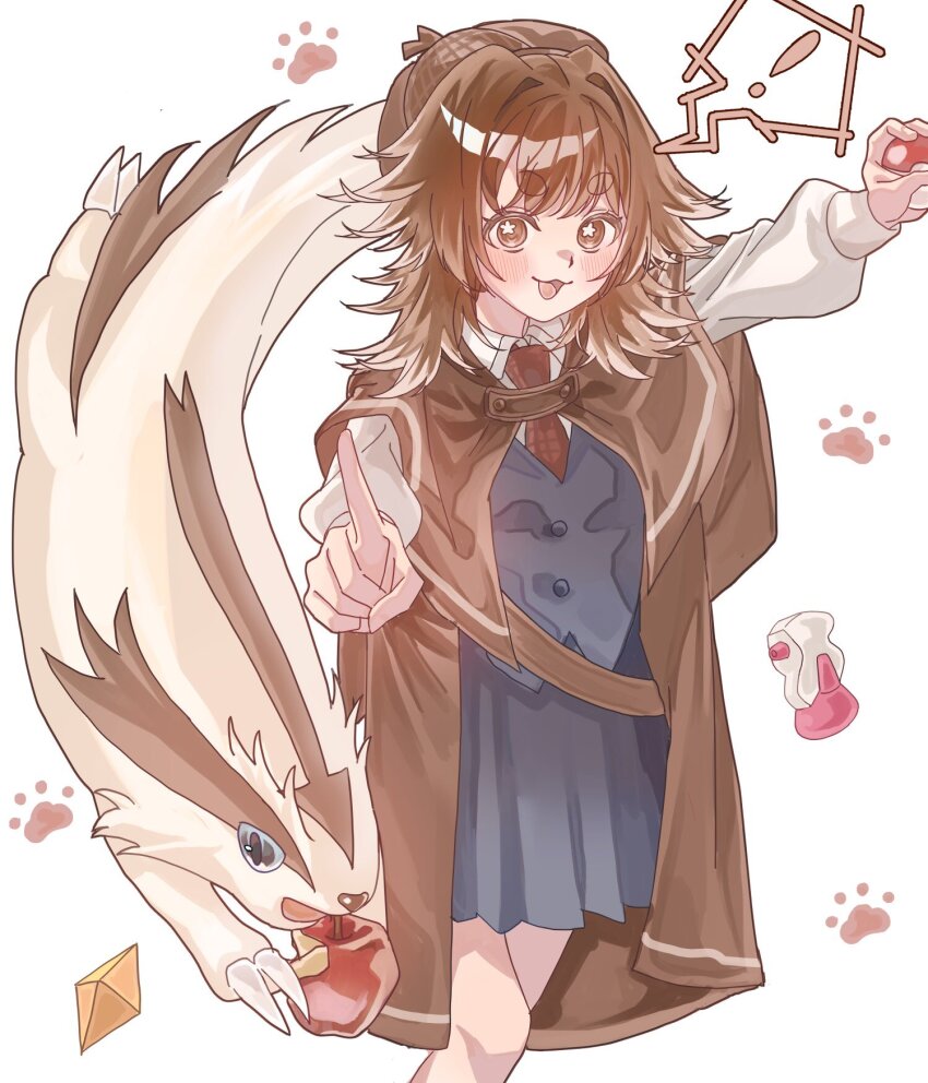 1girl, :3, apple, black_skirt, black_vest, brown_cloak, brown_eyes, brown_hair