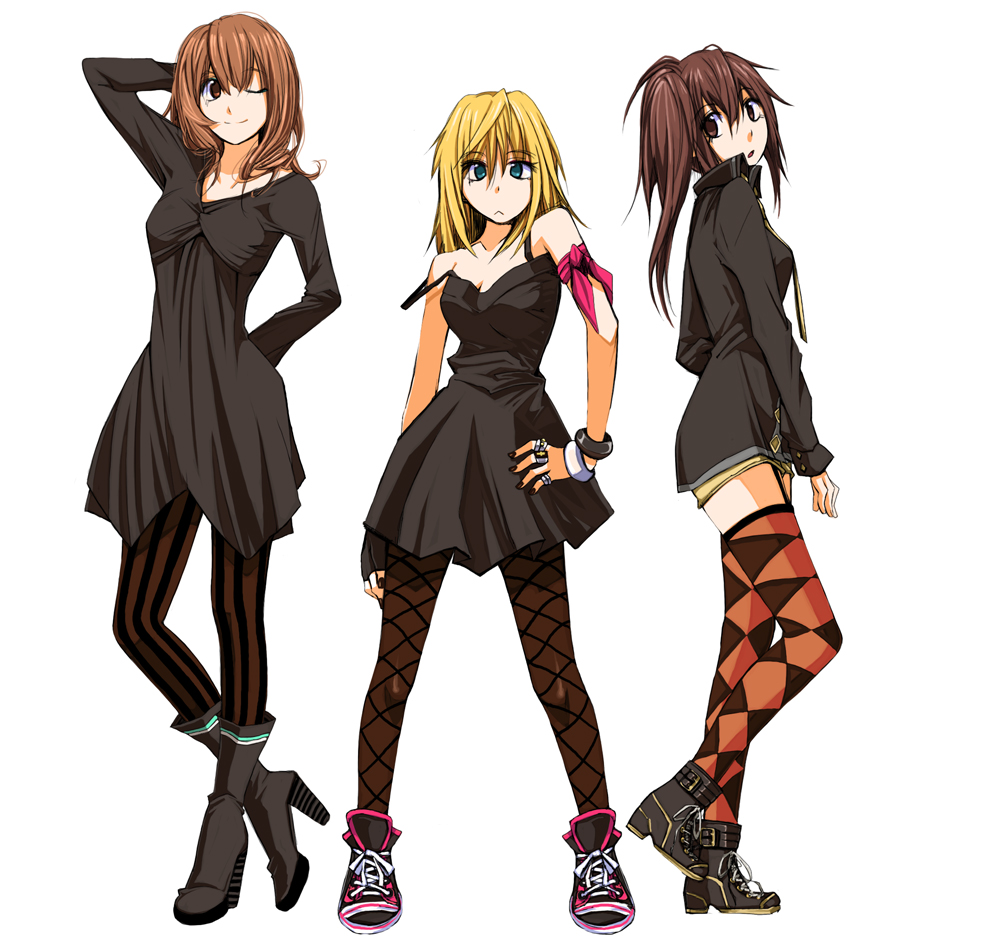 3girls, bad_id, bad_pixiv_id, black_legwear, blonde_hair, blue_eyes, boots, brown_eyes