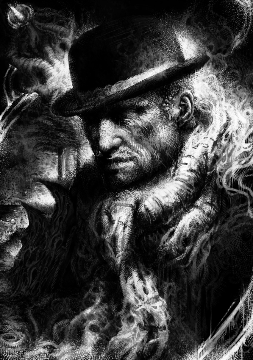 1other, akefu_satoru, black_hat, black_shirt, bowler_hat, greyscale, hat, highres