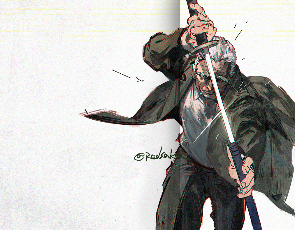 1boy, brown_pants, coat, holding, holding_sheath, holding_sword, holding_weapon, katana