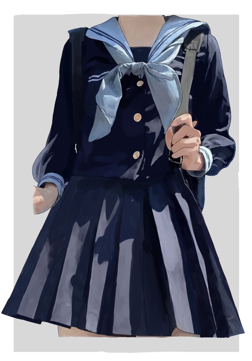 1girl, art_study, backpack, bag, blue_bag, blue_sailor_collar, blue_shirt, blue_skirt