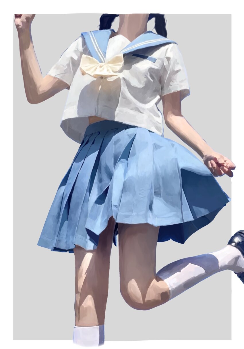 1girl, art_study, black_hair, black_shoes, blue_sailor_collar, blue_skirt, border, bow