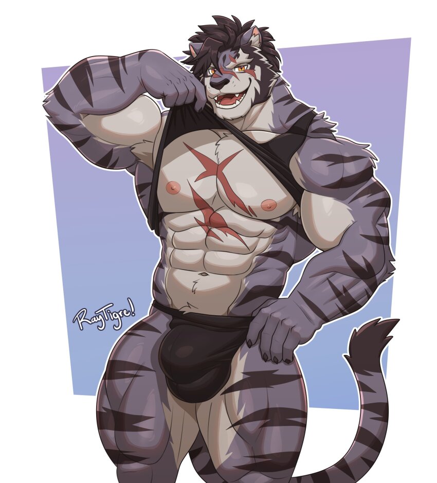 1boy, abs, animal_ears, arm_up, artist_name, bara, biceps, black_fur