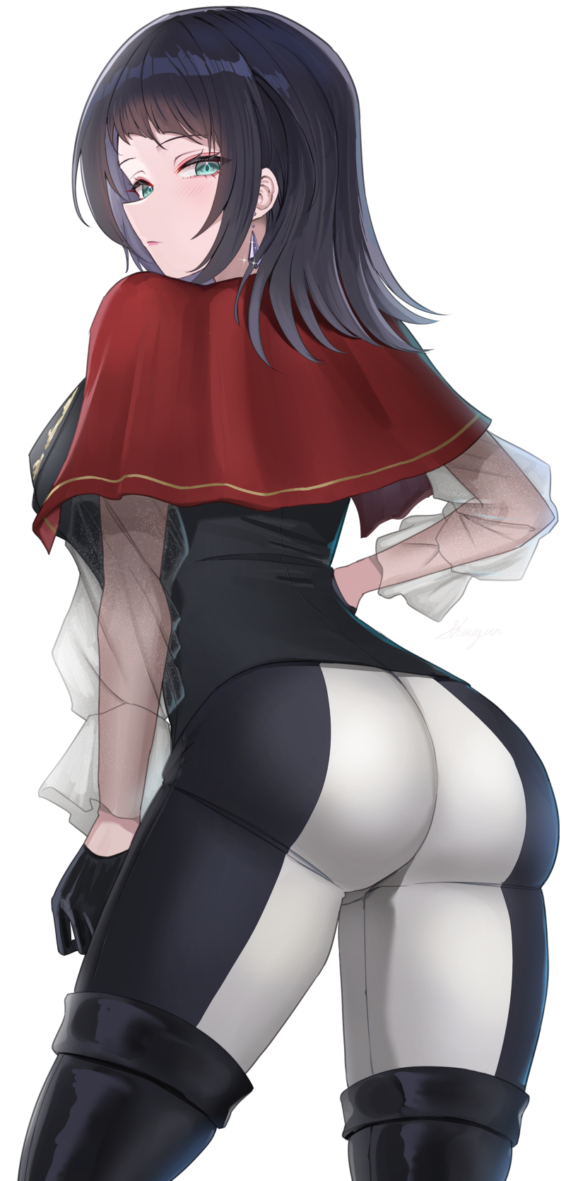 1girl, ass, bang_dream!, bang_dream!_it's_mygo!!!!!, black_boots, black_gloves, black_hair, black_pants, black_vest, boots, breasts, capelet, closed_mouth, commentary_request, cowboy_shot, earrings, from_behind, gloves, green_eyes, half_gloves, hand_on_own_hip, highres, jewelry, light_blush, long_hair, long_sleeves, looking_at_viewer, looking_back, medium_breasts, pants, red_capelet, see-through_clothes, see-through_sleeves, shougun_(chuckni1), simple_background, solo, sparkle, standing, thigh_boots, tight_clothes, tight_pants, timoris_(bang_dream!), two-tone_pants, vest, white_background, white_pants, yahata_umiri