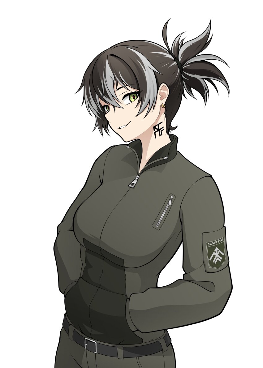 1girl, absurdres, arbor_spirit, army, belt, breast_pocket, breasts, brown_hair, collar, earrings, full-length_zipper, green_eyes, hair_ornament, hands_in_pockets, high_collar, highres, hoop_earrings, jewelry, khrystyna_karpenko, long_sleeves, looking_at_viewer, military, military_combat_uniform, military_uniform, morale_patch, multicolored_hair, neck_tattoo, open_mouth, original, pocket, red_pupils, russo-ukrainian_war, short_hair, simple_background, smile, soldier, solo, standing, tactical_clothes, tattoo, ukraine, white_background, white_hair, zipper