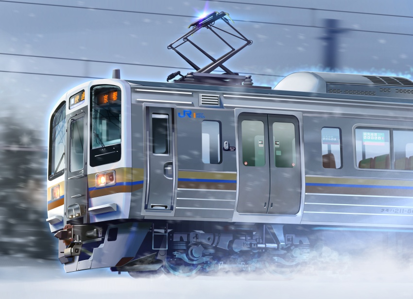 absurdres, headlight_beam, highres, jr_211_series, ktn400af_cmpn, motion_blur, multiple_unit_train, no_humans, original, pantograph, snow, snowing, train, tree, vehicle_focus, west_japan_railway_company, wipers