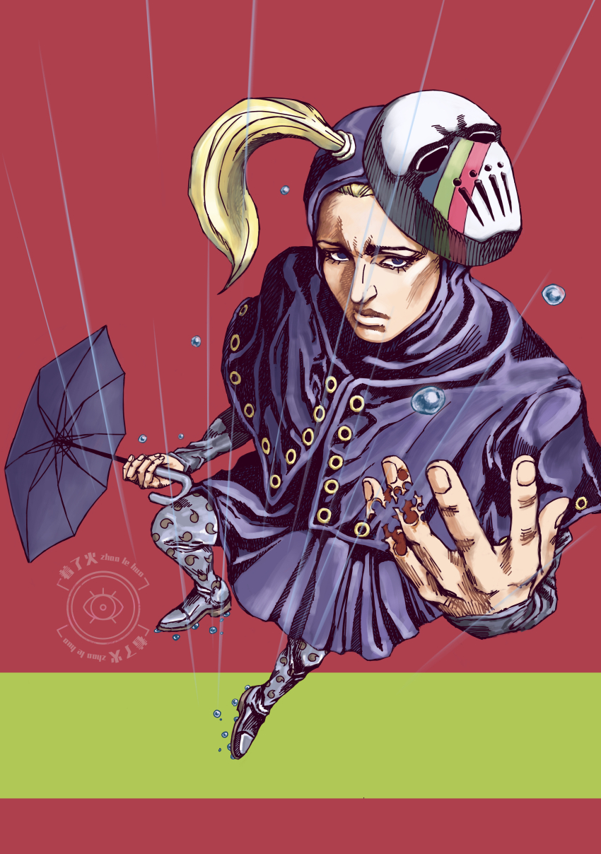 1boy, absurdres, araki_hirohiko_(style), blackmore, blonde_hair, blue_capelet, blue_coat, blue_eyes