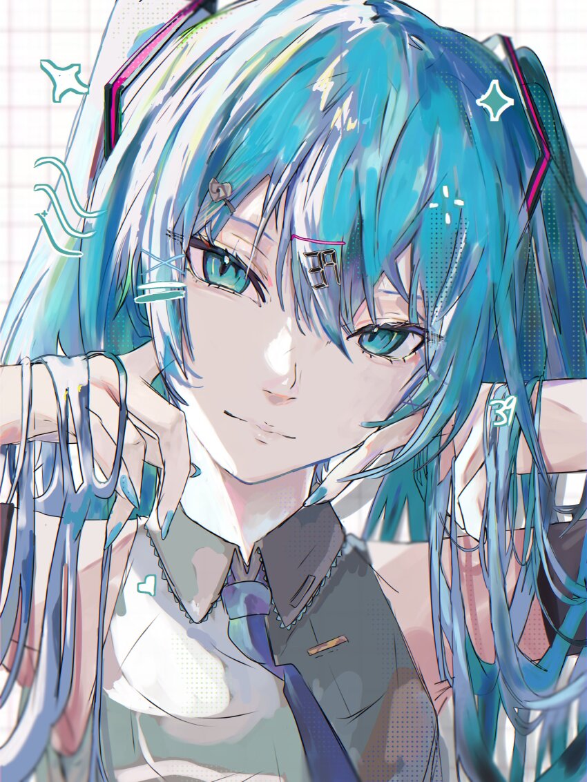 1girl, absurdres, aqua_hair, blue_eyes, blue_necktie, closed_mouth, collared_shirt, commentary_request