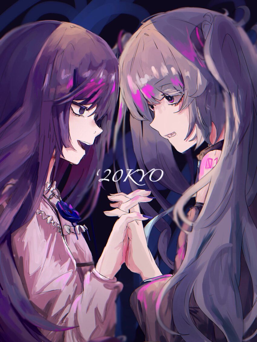 2girls, absurdres, ado_(utaite), black_hair, blue_eyes, blue_flower, blue_nails, blue_rose, brooch, chando_(ado), commentary, english_commentary, flower, flower_brooch, hatsune_miku, highres, holding_hands, interlocked_fingers, kahuna90231217, long_hair, long_sleeves, multiple_girls, nail_polish, open_mouth, rose, teeth, twintails, upper_teeth_only, utaite, vocaloid