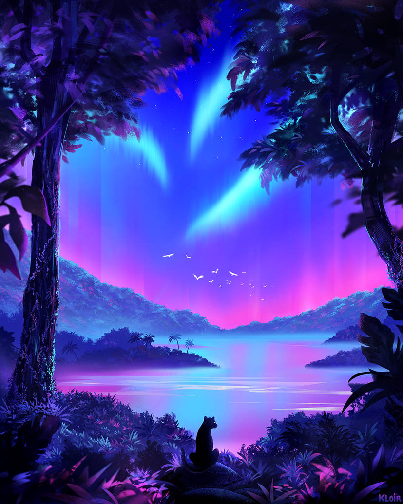 animal, aurora, bird, black_fur, bush, cat, commentary, english_commentary