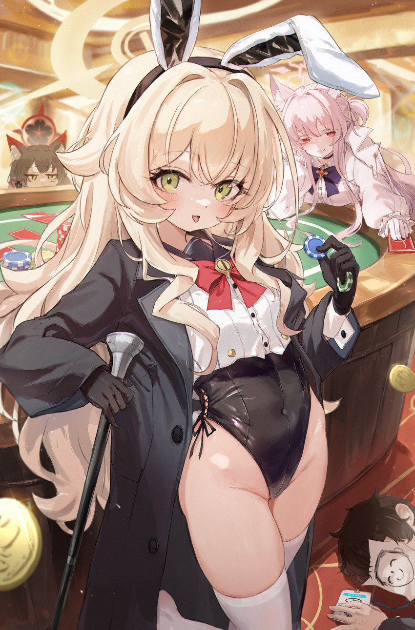 1boy, 3girls, akira_(blue_archive), animal_ear_fluff, animal_ears, black_coat, black_gloves, black_leotard, blonde_hair, blue_archive, bow, bowtie, brown_hair, cane, cat_ears, cat_girl, closed_mouth, coat, coat_on_shoulders, colored_eyelashes, commentary_request, covered_navel, cross-laced_clothes, cross-laced_leotard, doodle_sensei_(blue_archive), fake_animal_ears, fox_ears, fox_girl, gloves, hair_intakes, halo, highleg, highleg_leotard, highres, holding, holding_cane, holding_poker_chip, leotard, loli, long_hair, long_sleeves, looking_at_viewer, multiple_girls, open_clothes, open_coat, poker_chip, poker_table, professor_niyaniya_(blue_archive), red_bow, red_bowtie, red_eyes, red_halo, sensei_(blue_archive), shirt, side-tie_leotard, smile, solo_focus, table, thighs, tongue, tongue_out, wakamo_(blue_archive), white_coat, white_gloves, white_hair, white_halo, white_shirt, white_wrist_cuffs, wrist_cuffs, yellow_halo, yoyopipa