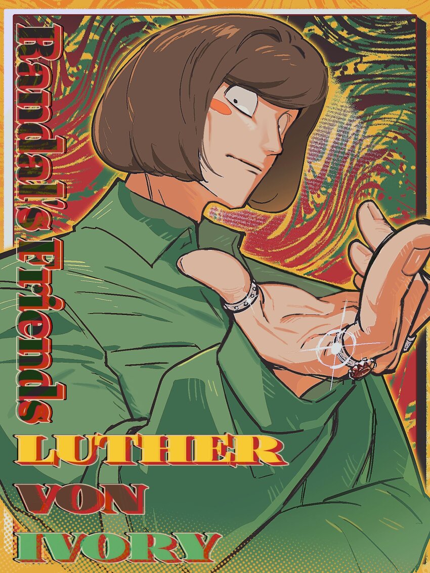 1boy, black_eyes, blush_stickers, brown_hair, character_name, fried_shrimp19, green_shirt, hand_up, highres, jewelry, looking_at_viewer, luther_von_ivory, male_focus, multiple_rings, randal's_friends, ring, shirt, short_hair, solo, upper_body